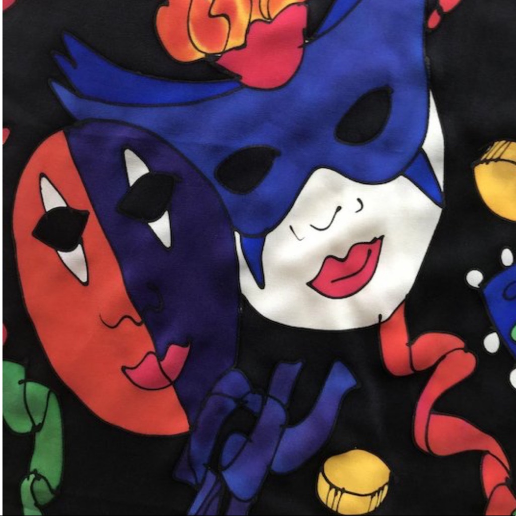 Y2k Vntg 90s Signed Silk Scapes Scarf Mardi Gras Halloween Carnival New Orleans